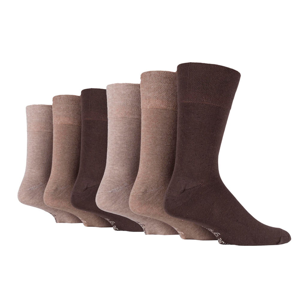 6 Pairs Men's Gentle Grip Plain Cotton Socks - Brown Mix