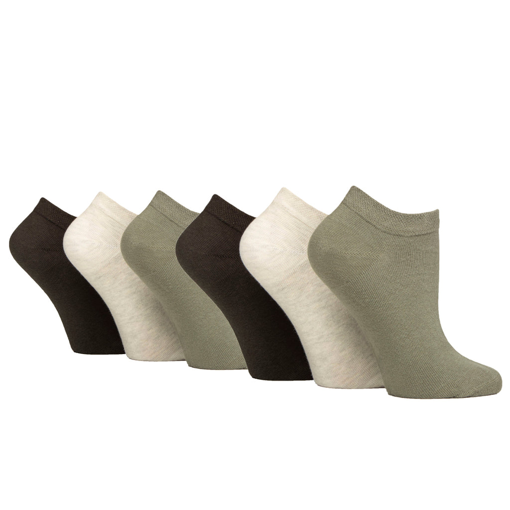 6 Pairs Ladies IOMI FootNurse Gentle Grip Diabetic Trainer Socks - Khaki/Forest/Cream