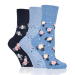Load image into Gallery viewer, 3 Pairs Ladies Cotton Socks - Micro Blossom Blue
