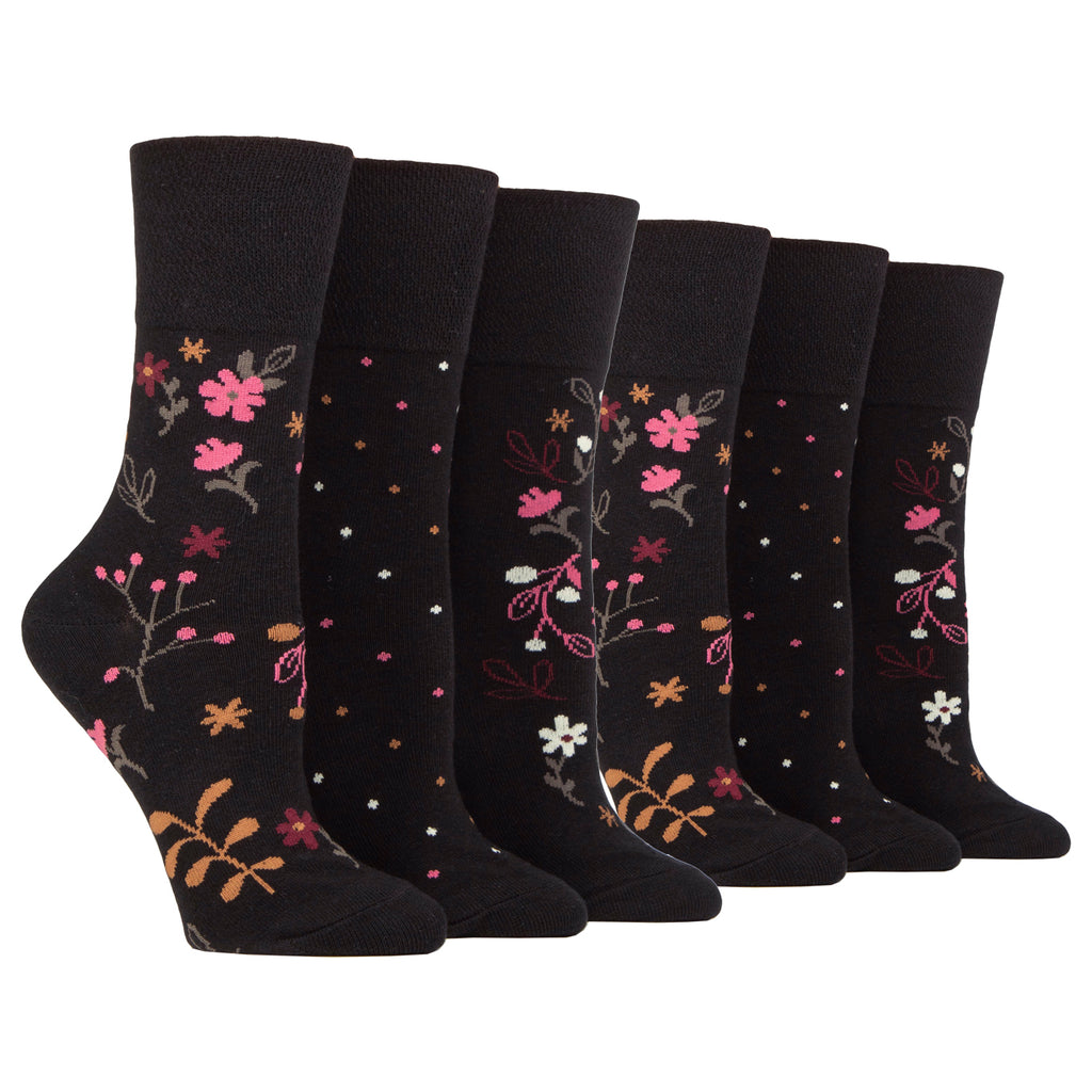 6 Pairs Ladies Gentle Grip Cotton Socks - Floral Night