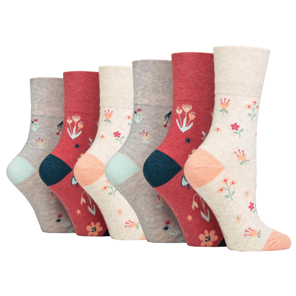 6 Pairs Ladies Gentle Grip Cotton Socks - Floral Memoir