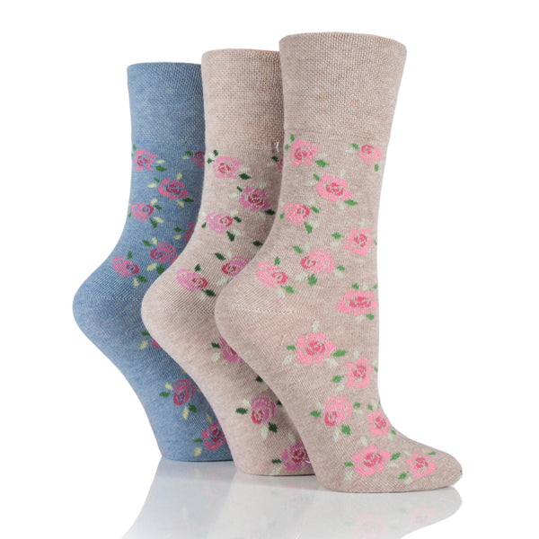 3 Paar Damen-Baumwollsocken - Blau/Neutral geblümt