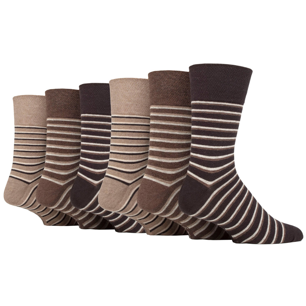 6 Pairs Men's Gentle Grip Cotton Socks Litha Varied Stripe Brown/Natural