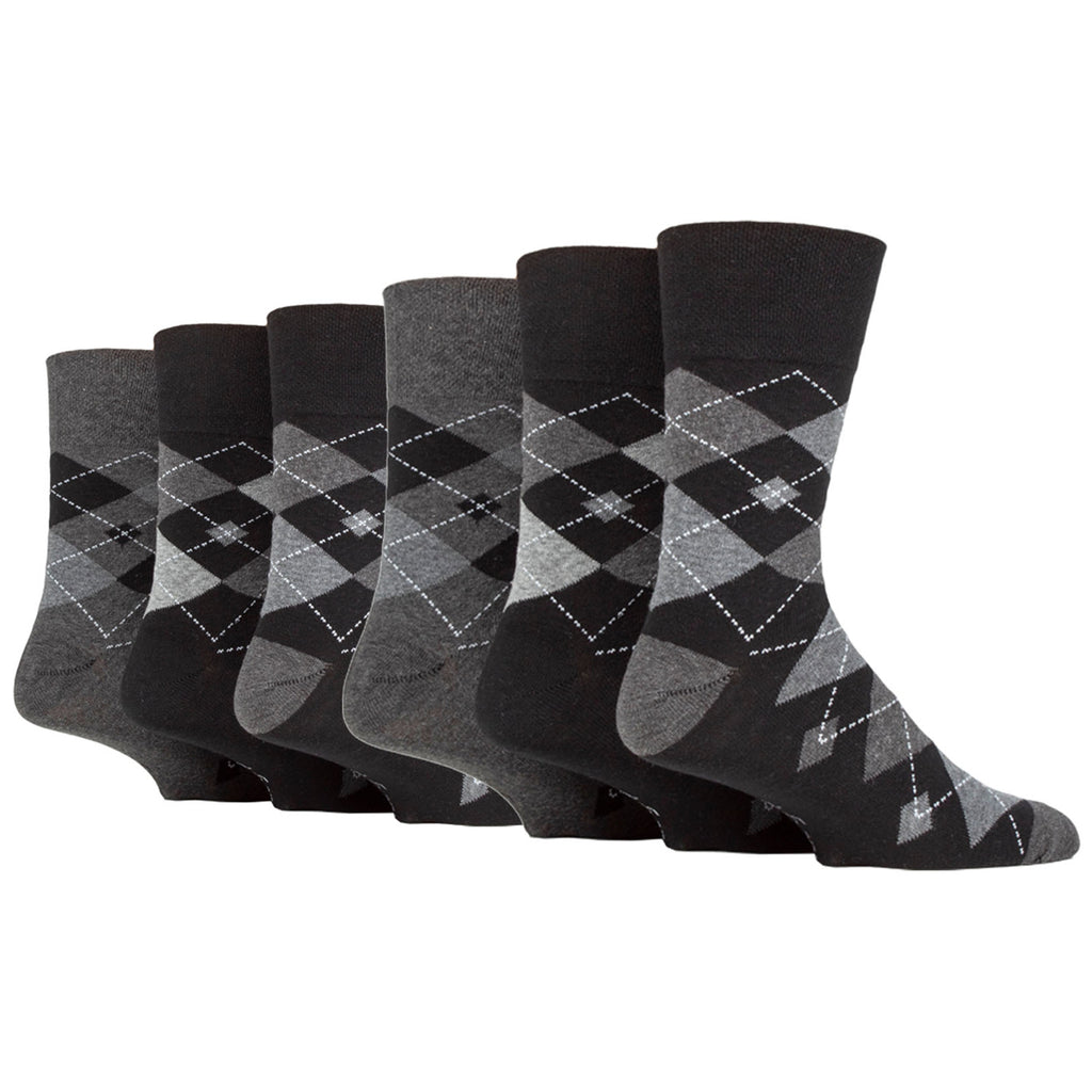 6 Pairs Men's Gentle Grip Cotton Socks Leven Argyle Black/Charcoal