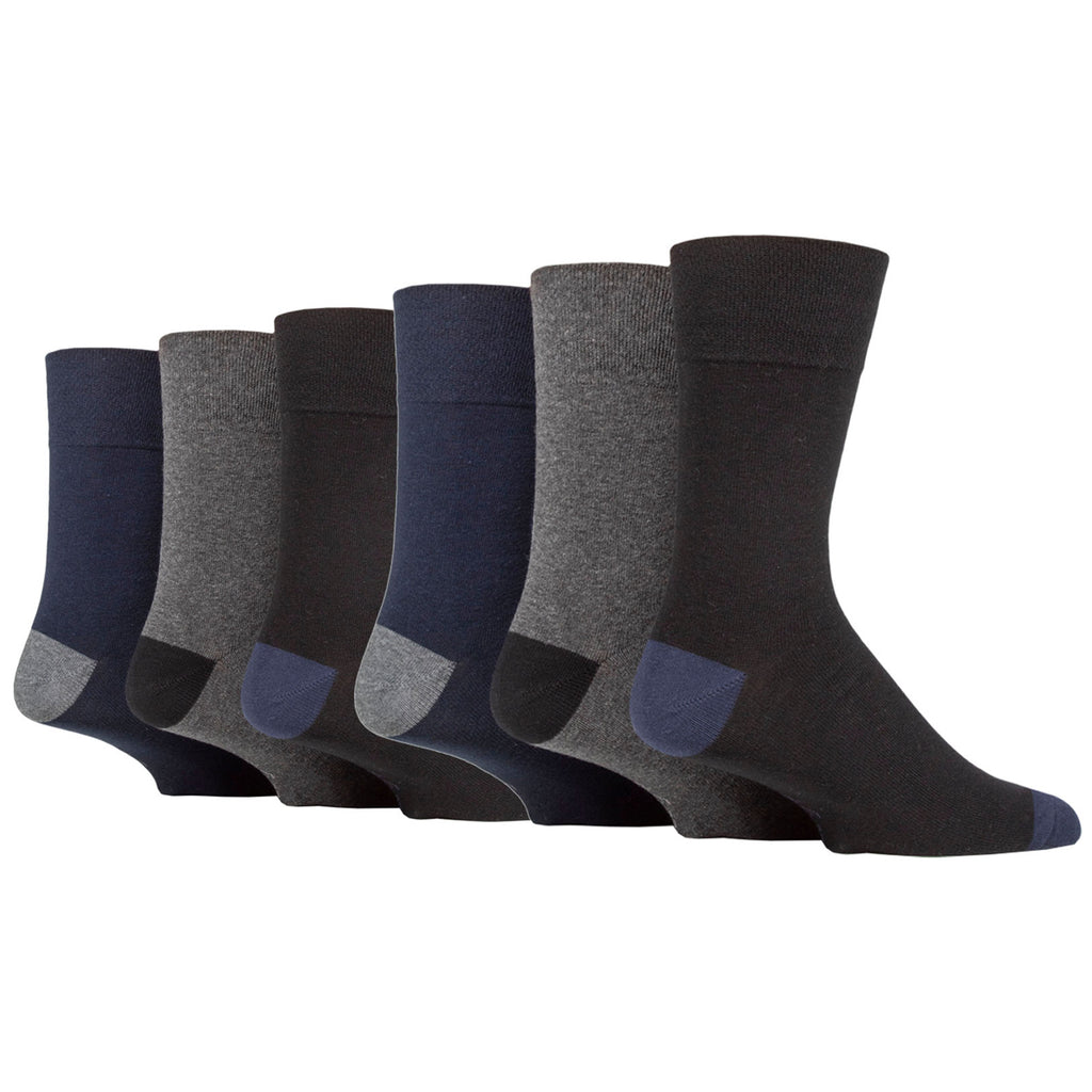 6 Pairs Men's Gentle Grip Apex Contrast Heel & Toe Cotton Socks - Black/Navy/Charcoal