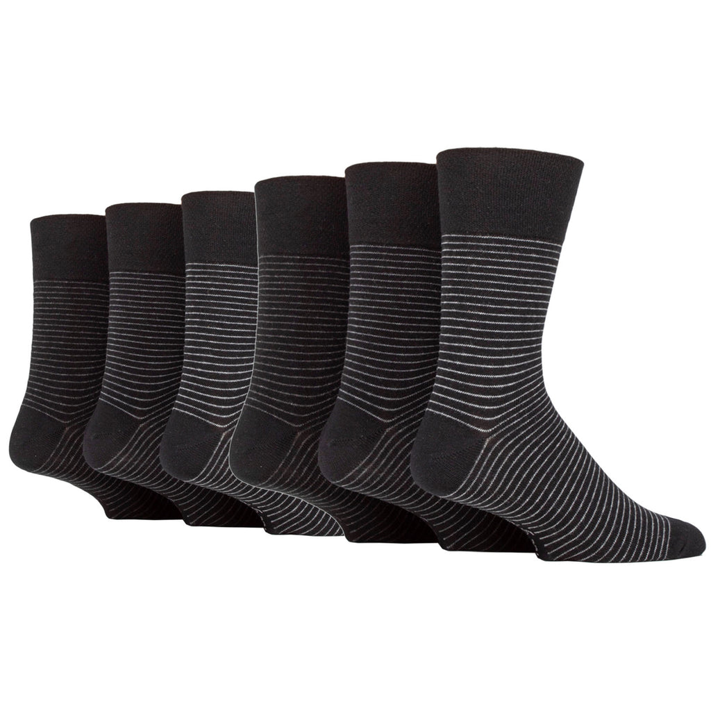 6 Pairs Men's Gentle Grip Cotton Socks Nova Fine Stripe Black