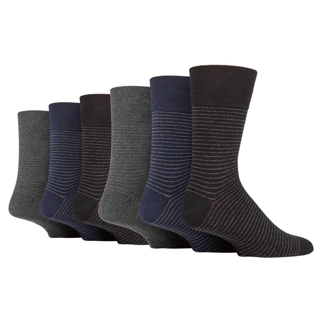 6 Pairs Men's Gentle Grip Cotton Socks Nova Fine Stripe Black/Navy/Charcoal