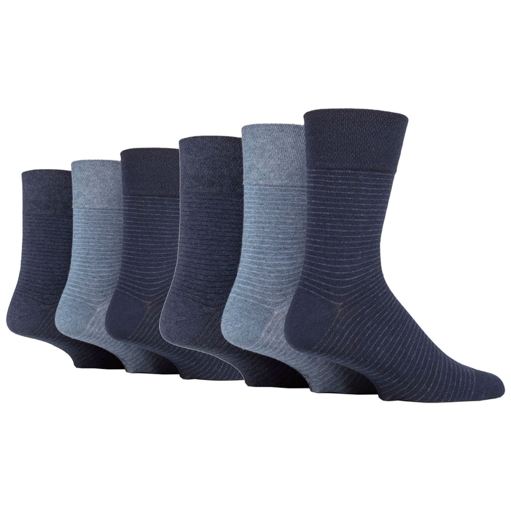 6 Pairs Men's Gentle Grip Cotton Socks Nova Fine Stripe Navy/Denim