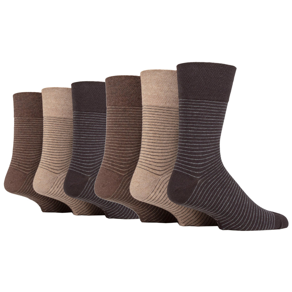 6 Pairs Men's Gentle Grip Cotton Socks Nova Fine Stripe Brown/Natural