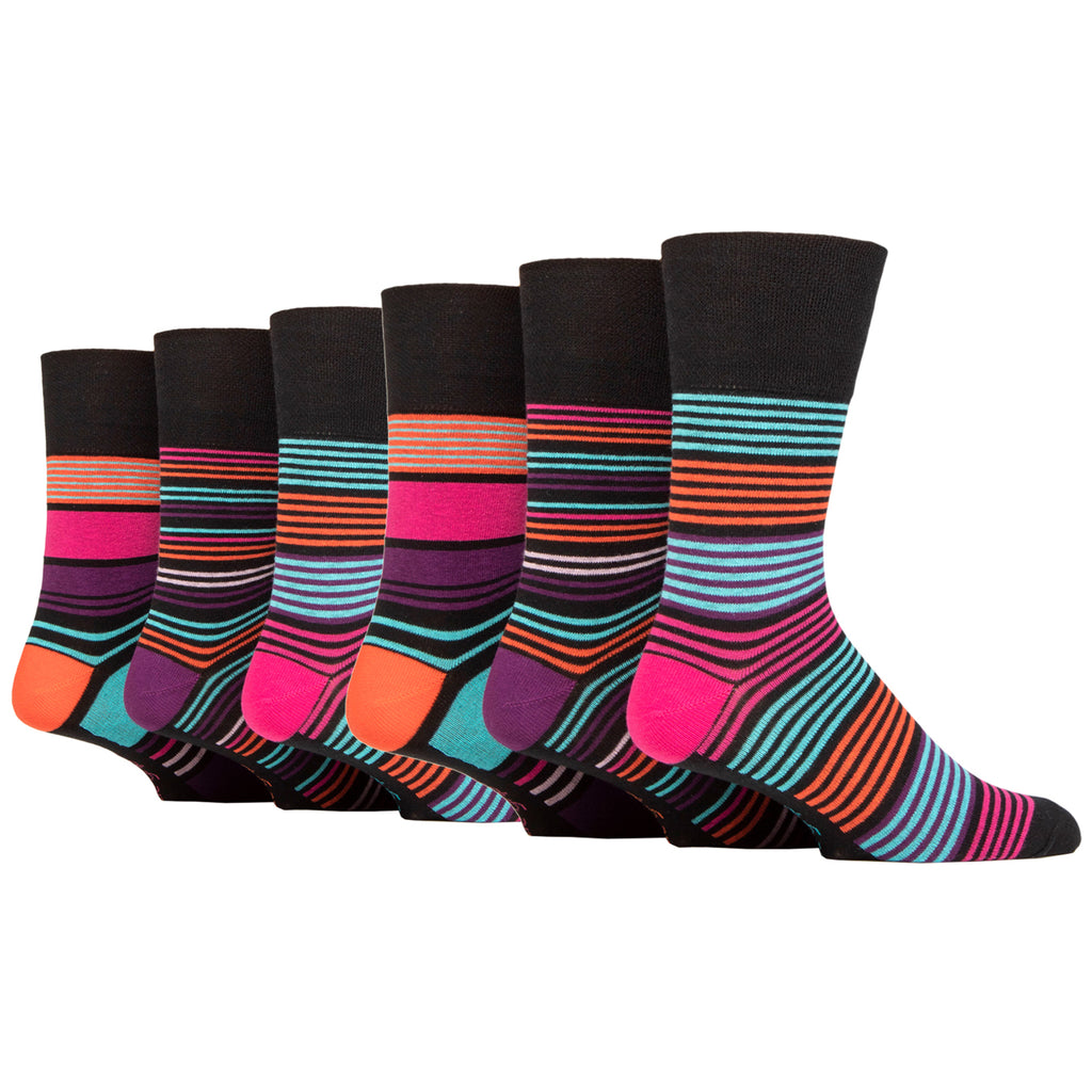 6 Pairs Ladies Plus Size Gentle Grip Colourburst Cotton Socks - Vibrant Stripe
