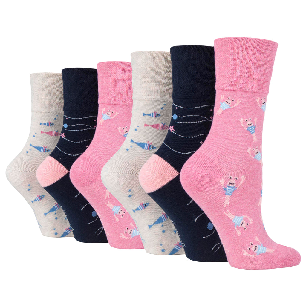 6 Pairs Ladies Gentle Grip Fun Feet Cotton Socks - Seabed