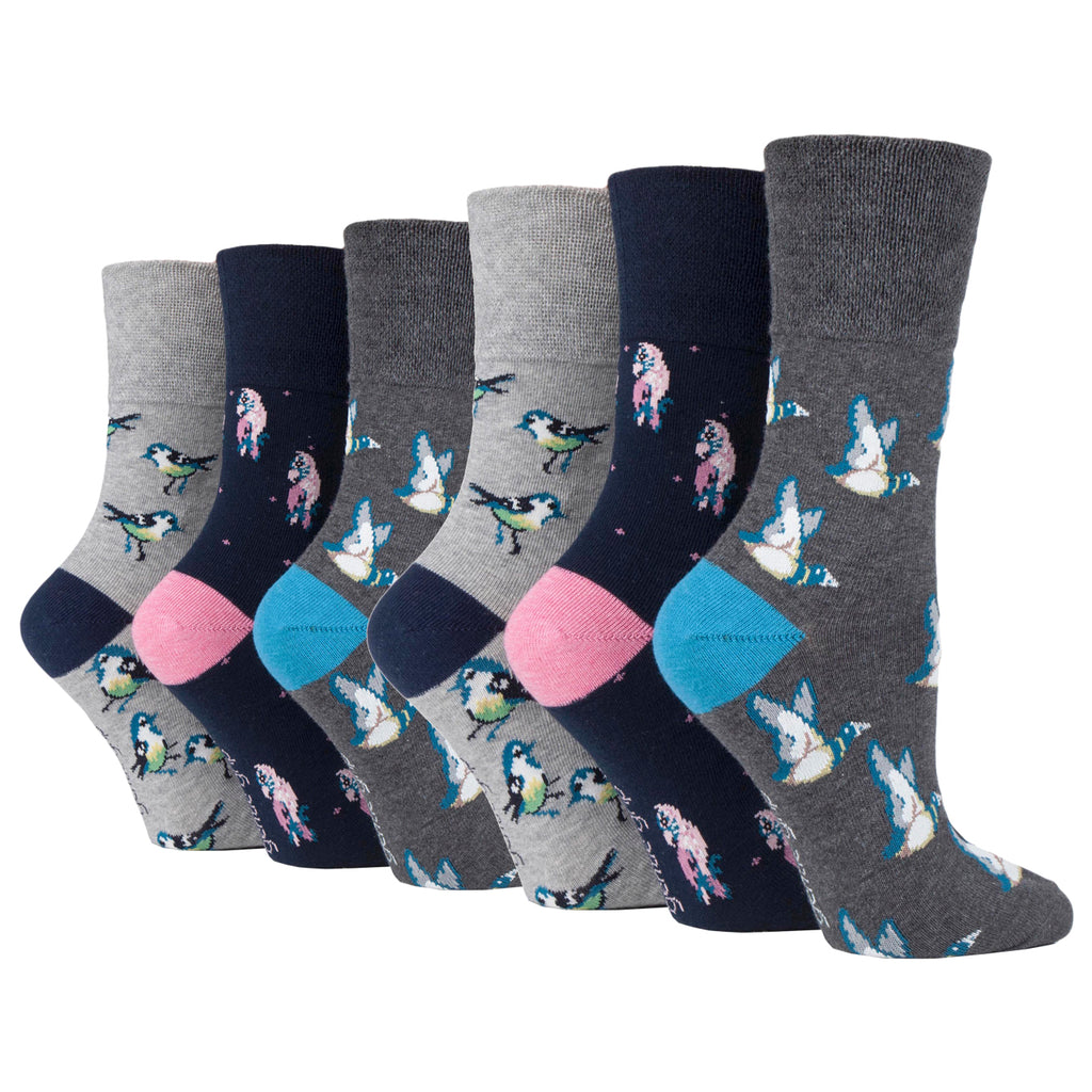 6 Pairs Ladies Gentle Grip Fun Feet Cotton Socks - Love Birds Grey/Blue