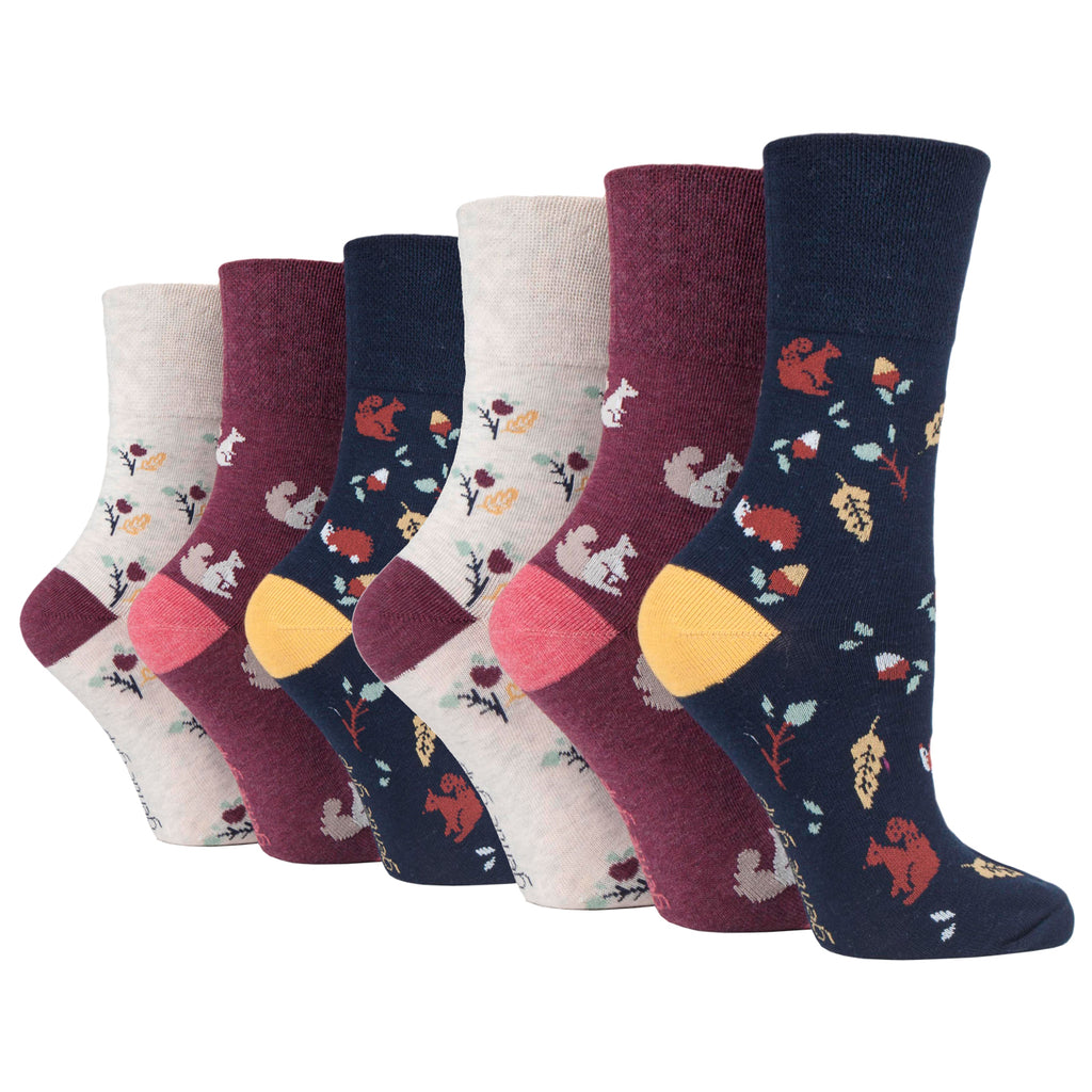 6 Pairs Ladies Gentle Grip Fun Feet Cotton Socks - Autumn Leaves