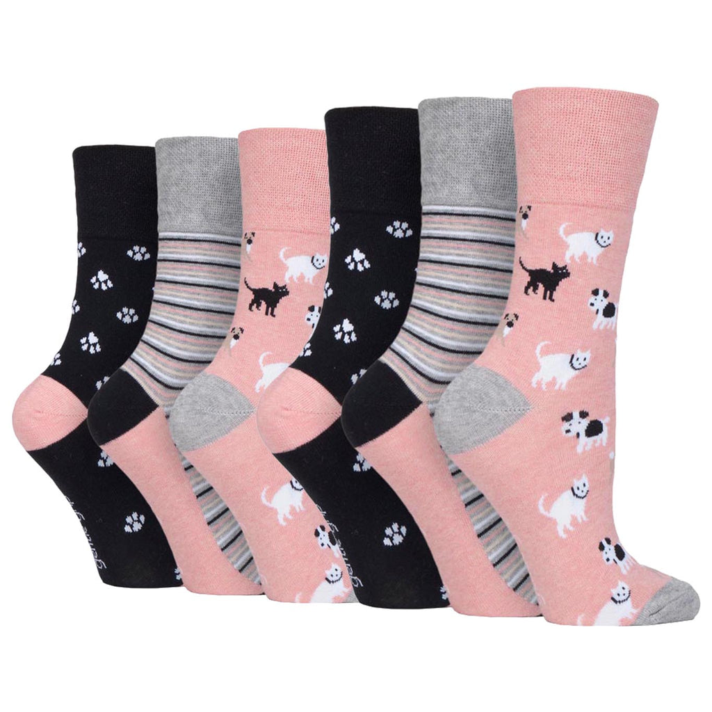 6 Pairs Ladies Gentle Grip Fun Feet Cotton Socks - Pets
