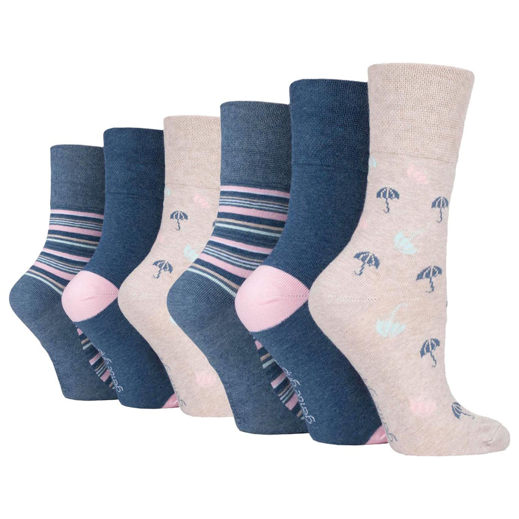 6 Pairs Ladies Gentle Grip Fun Feet Cotton Socks - Rainy Days