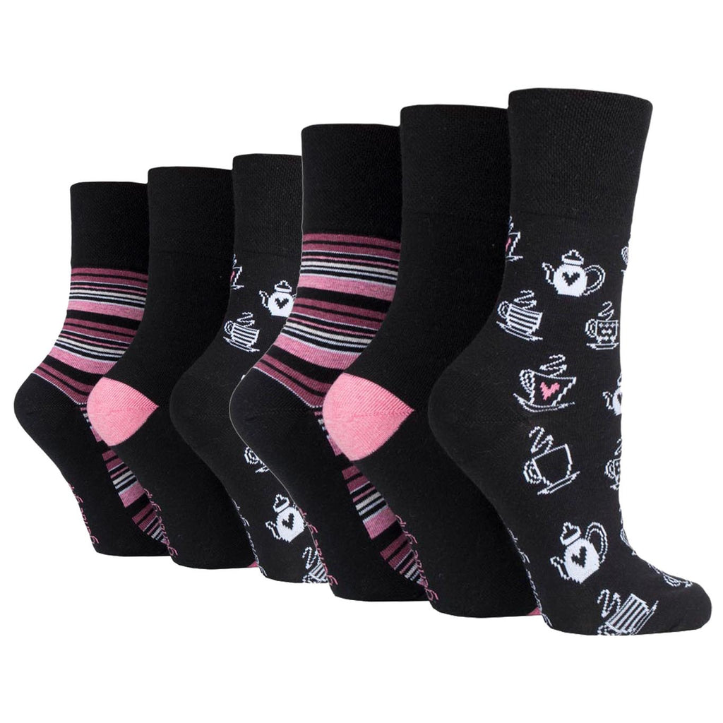 6 Pairs Ladies Gentle Grip Fun Feet Cotton Socks - Afternoon Tea