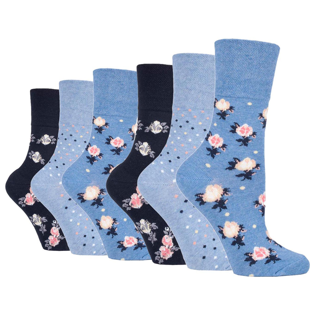 6 Pairs Ladies Gentle Grip Cotton Socks - Micro Blossom Blue