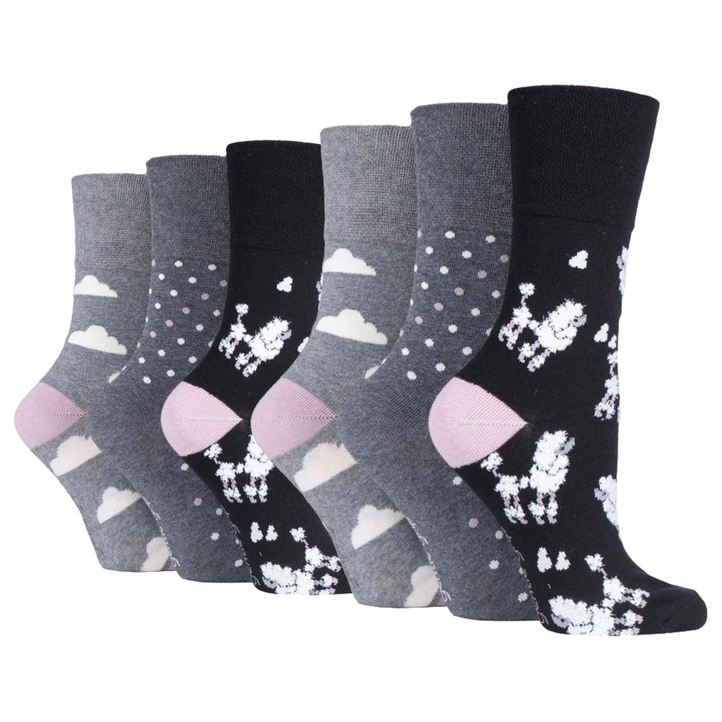 6 Pairs Ladies Gentle Grip Fun Feet Cotton Socks - Posh Poodle