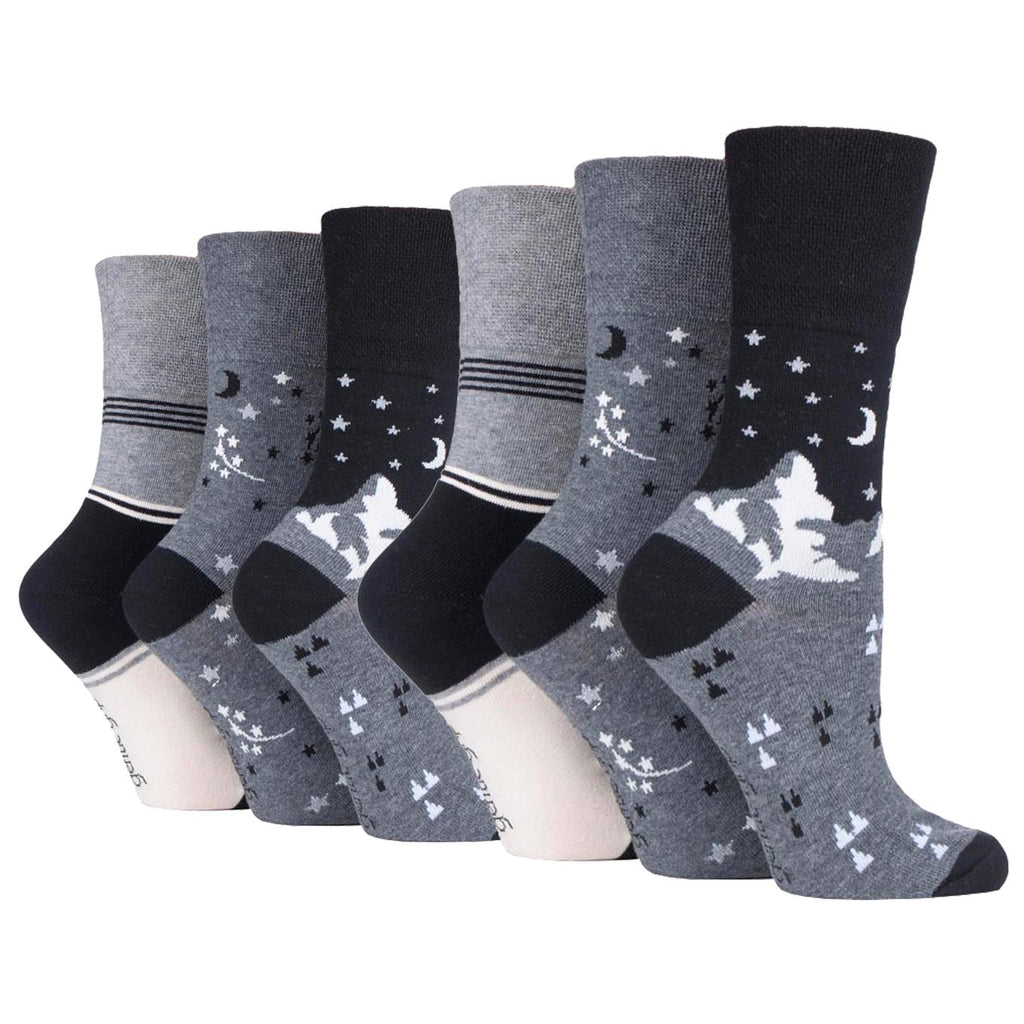 6 Pairs Ladies Gentle Grip Fun Feet Cotton Socks - To the Moon and Stars