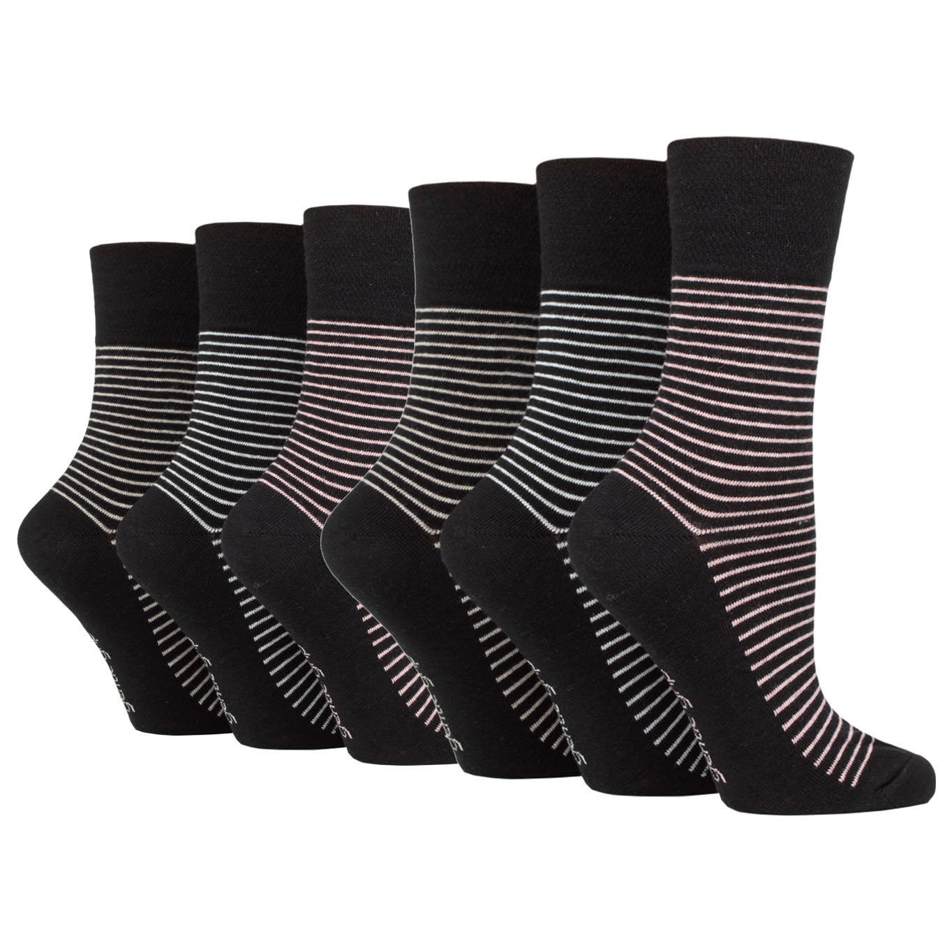 6 Pairs Ladies Gentle Grip Varsity Fine Stripe Cotton Socks - Black