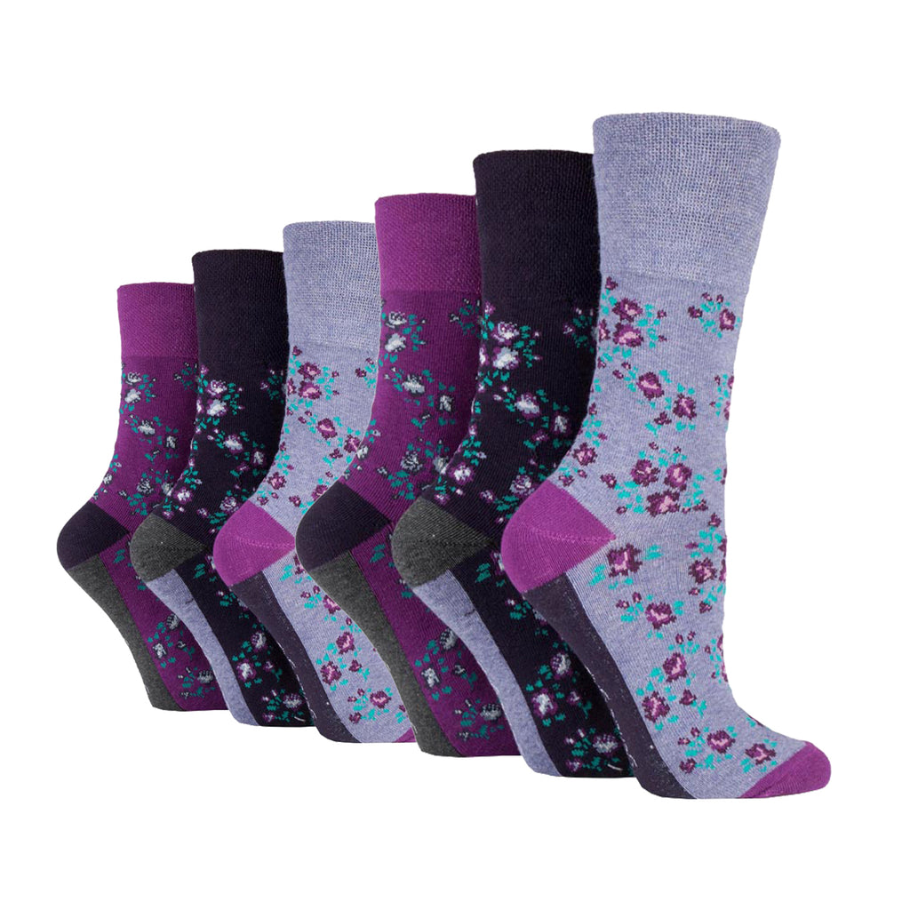 6 Pairs Ladies Gentle Grip Cotton Socks - Sophie Floral Purple