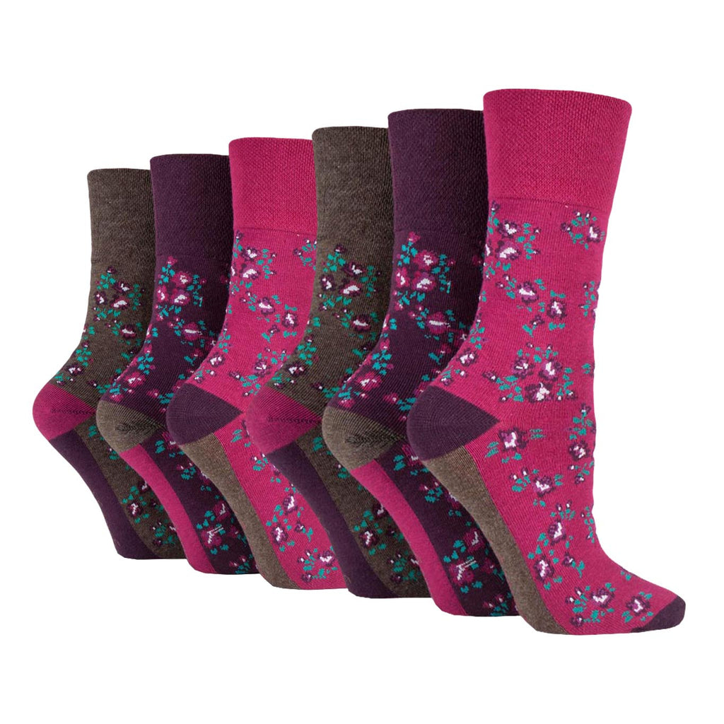 6 Pairs Ladies Gentle Grip Cotton Socks - Rose Floral Pink