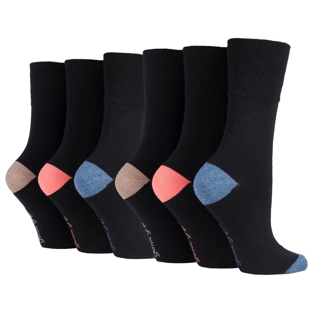 6 Pairs Ladies Gentle Grip Heel & Toe Cotton Socks - Black with Aqua/Mocha/Coral