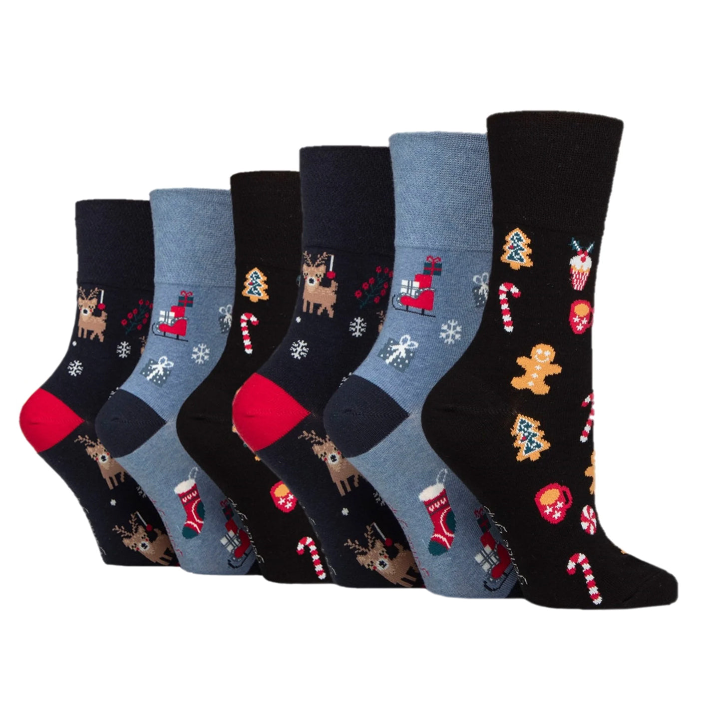 6 Pairs Ladies Fun Feet Christmas Socks - Mixed Patterns