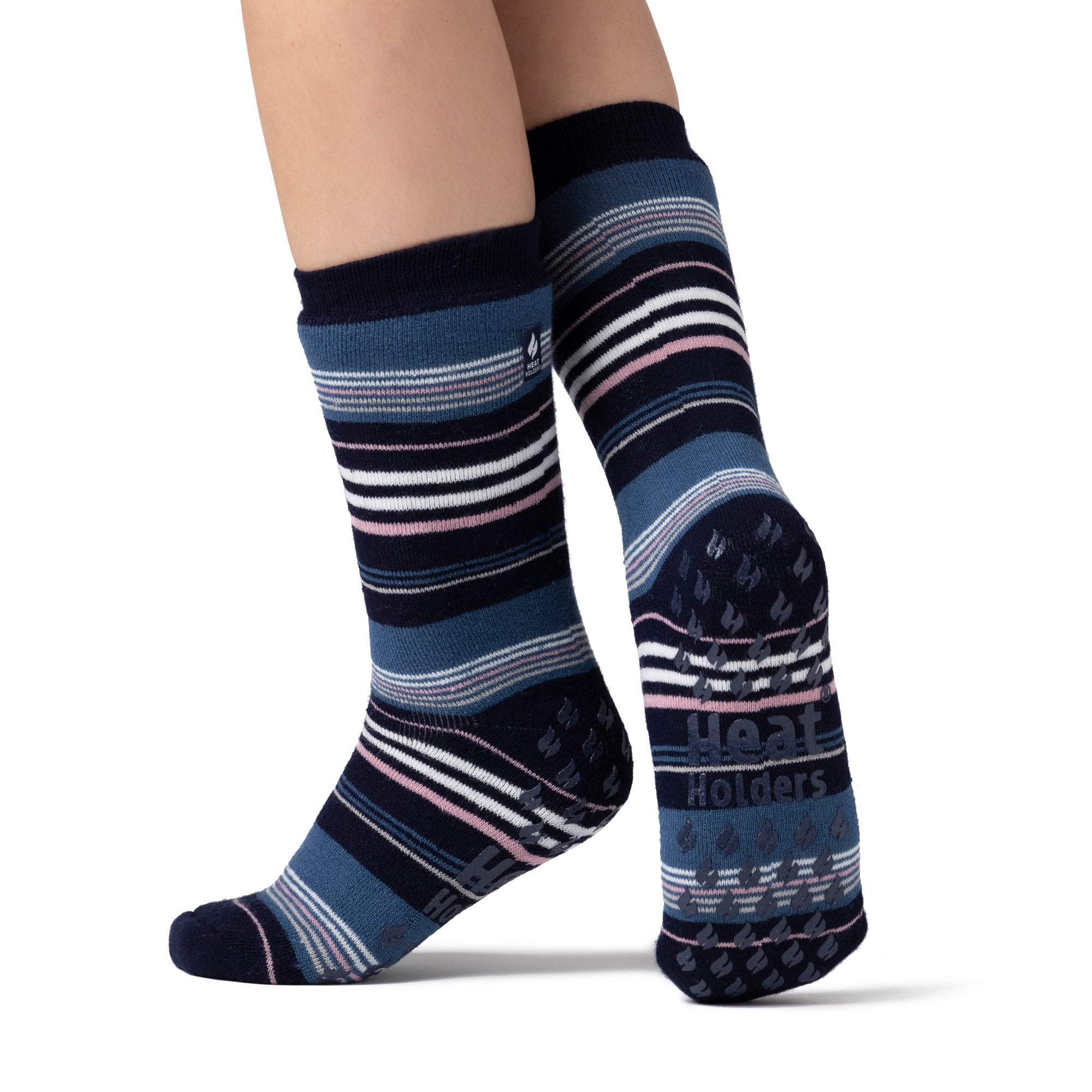 1 Pair Ladies Raynaud's Thermal Slipper Socks - Navy Stripe