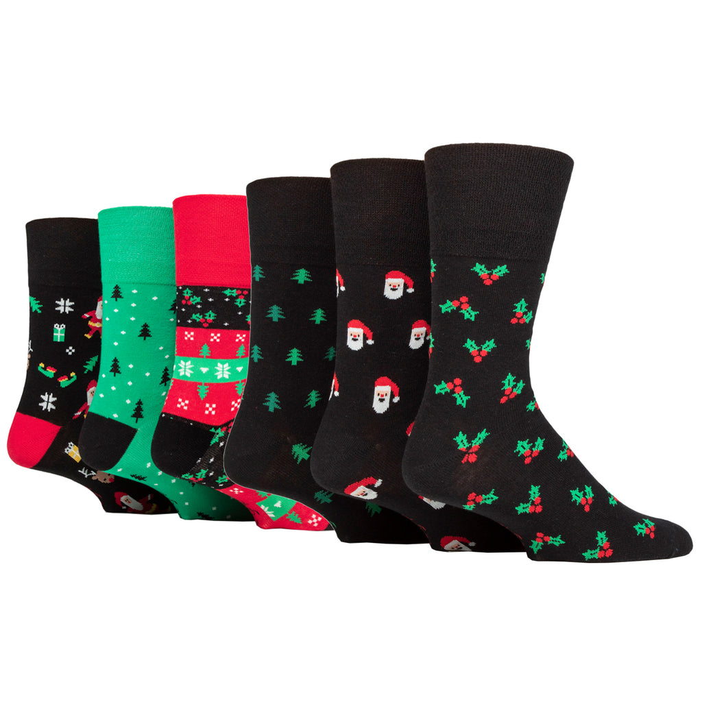 6 Pairs Men's Gentle Grip Cotton Socks Fun Feet Christmas Full Mix