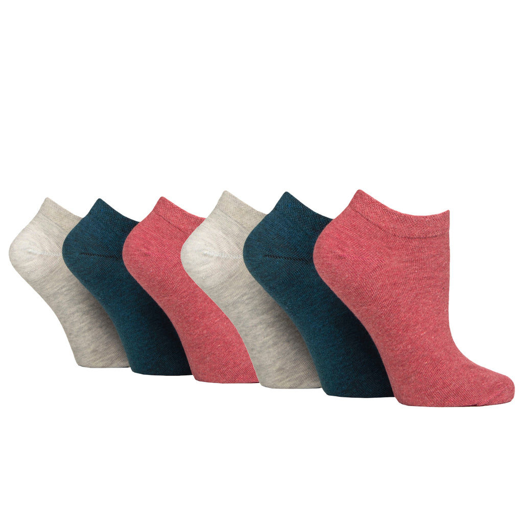 6 Pairs Ladies IOMI FootNurse Gentle Grip Diabetic Trainer Socks - Coral/Cloud Grey/Teal