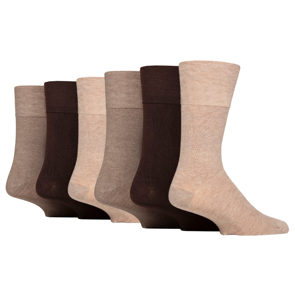 6 Pairs Men's IOMI FootNurse Gentle Grip Bamboo Diabetic Socks - Brown Mix