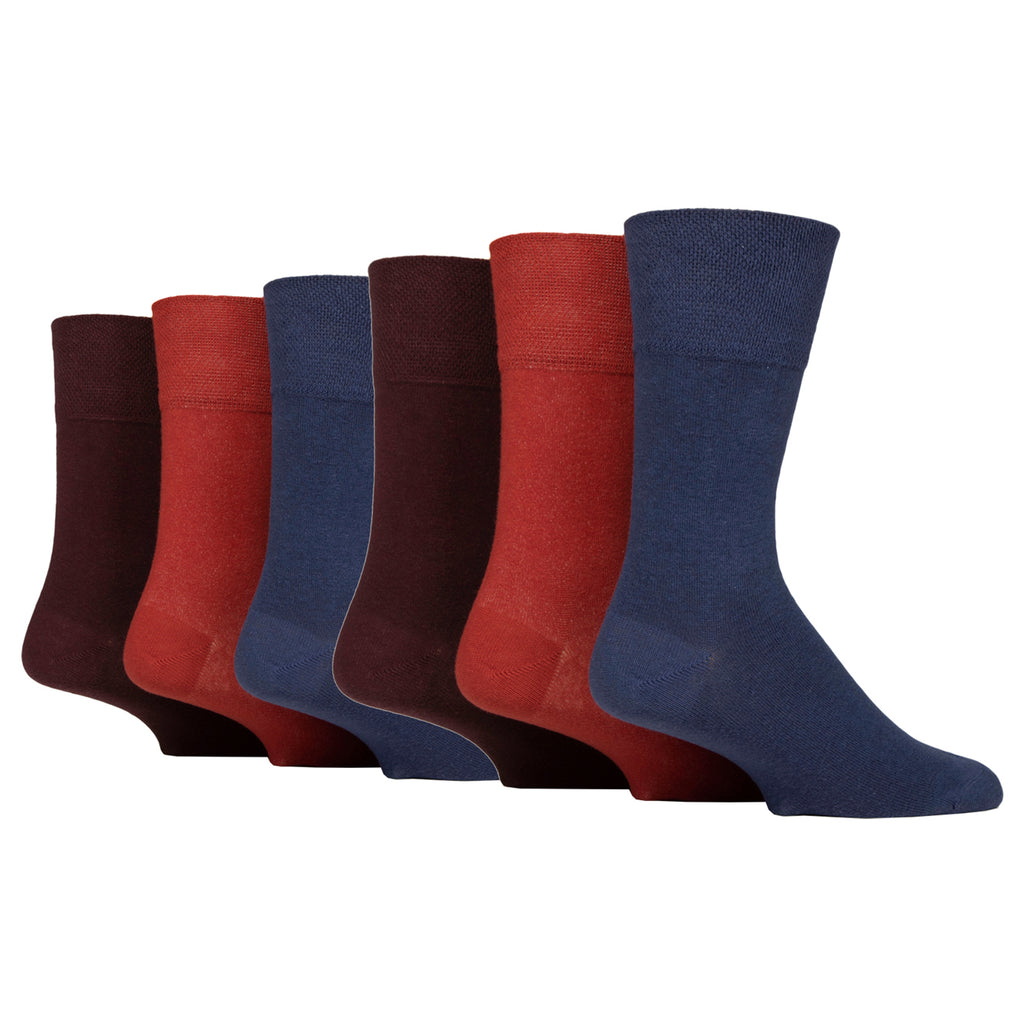 6 Pairs Men's BigFoot IOMI FootNurse Gentle Grip Diabetic Socks Burnt Orange/Sapphire Blue/Burgundy