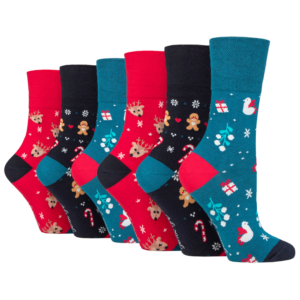 6 Pairs Ladies Gentle Grip Fun Feet Christmas Cotton Socks - Reindeer/Gingerbread/Mistletoe