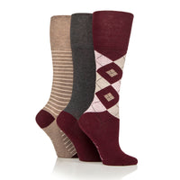 3 Pairs Ladies Knee High Cotton Socks - Wine Stripe/Argyle