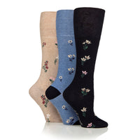 3 Pairs Ladies Knee High Cotton Socks - Denim Floral