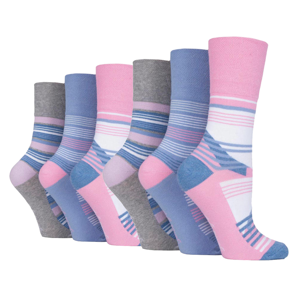 6 Pairs Ladies Gentle Grip Cotton Socks - Pink Stripes