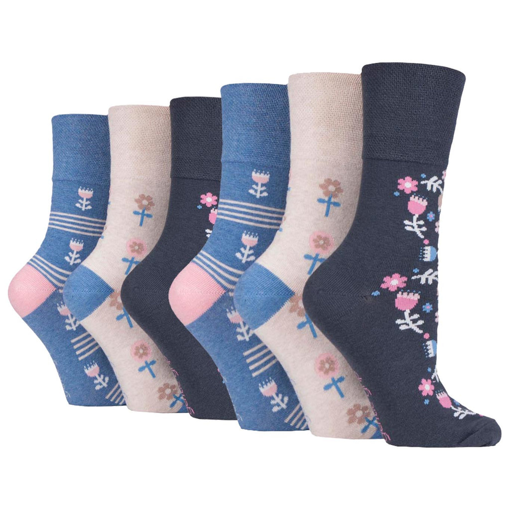 6 Pairs Ladies Gentle Grip Cotton Socks - Retro Charm