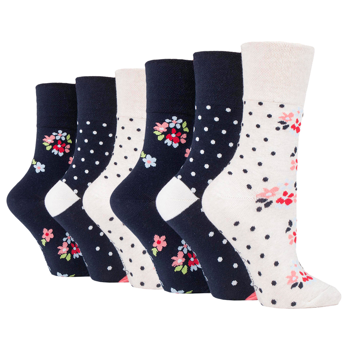 6 Pairs Ladies Cotton Socks - Flora Navy Mix