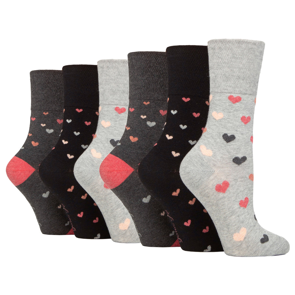 6 Pairs Ladies Gentle Grip Cotton Socks - Queen Of Hearts