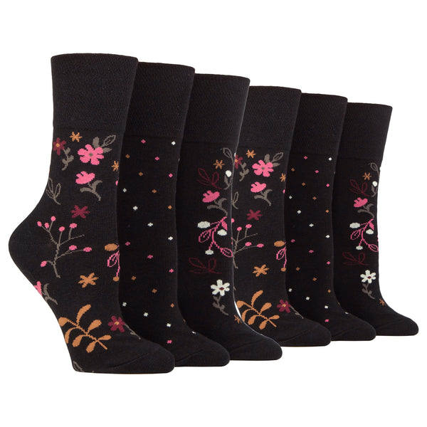 6 Pairs Ladies Cotton Socks - Floral Night