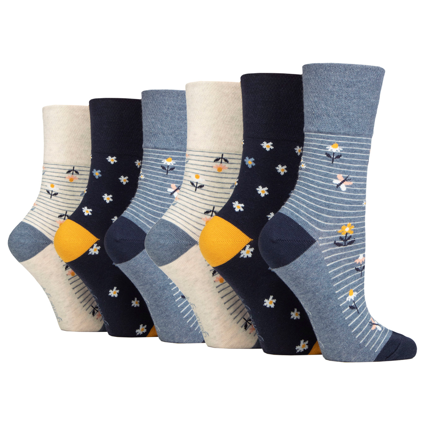 6 Pairs  Ladies Gentle Grip Cotton Socks - Daisies And Butterflies