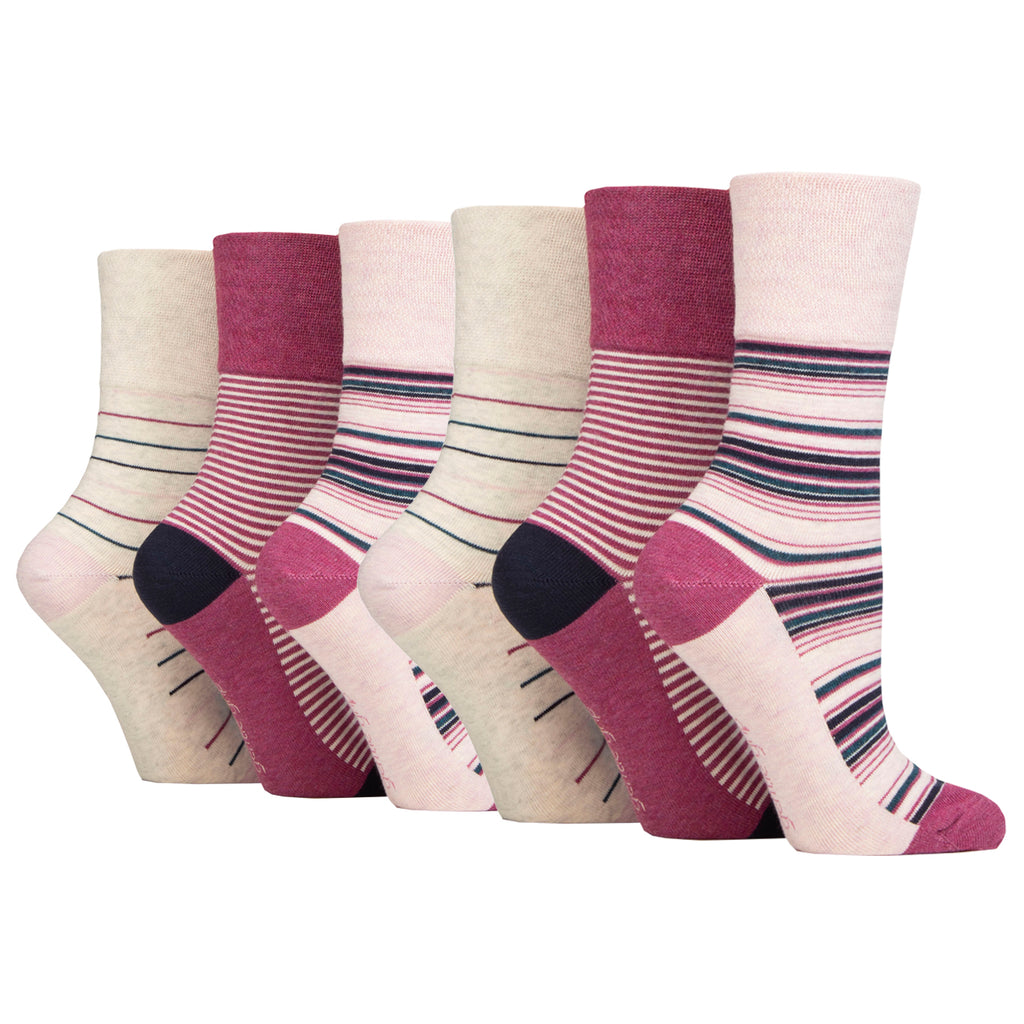 6 Pairs Ladies Gentle Grip Cotton Socks - Embrace Mixed Stripe