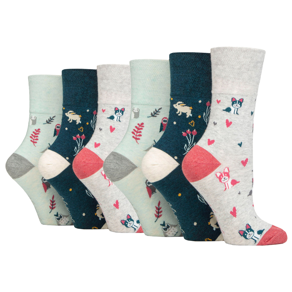 6 Pairs Ladies Gentle Grip Cotton Socks - Animal Lover