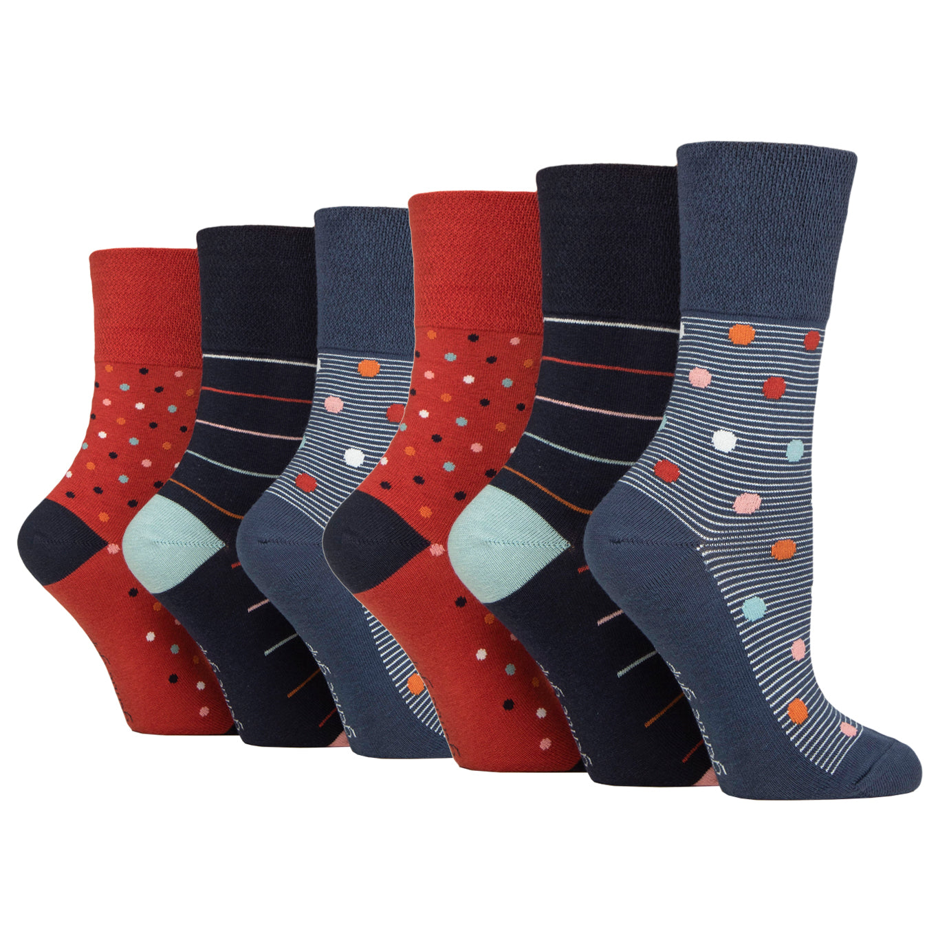 6 Pairs Ladies Heritage Spot/Stripe Cotton Socks - Blue/Red Mix