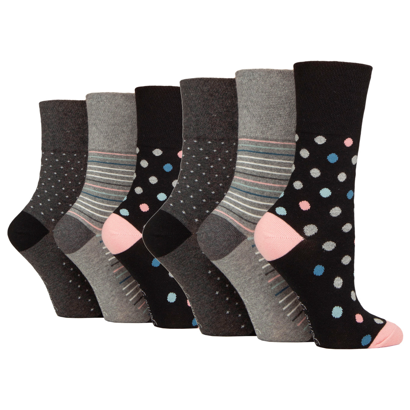 6 Pairs Ladies Assertive Graphic Cotton Socks - Grey/Black Mix