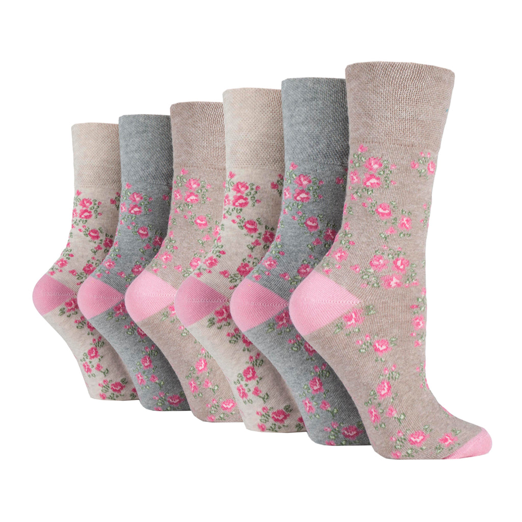 6 Pairs Ladies Plus Size Gentle Grip Cotton Socks - Vintage Rose