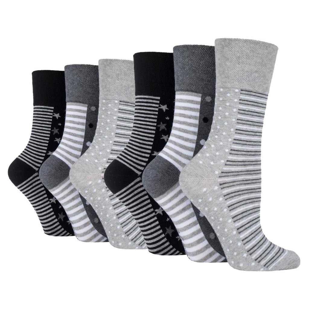 6 Pairs Ladies Plus Size Gentle Grip Cotton Socks - Mono Spot/Stripe
