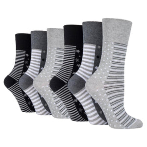 6 Pairs Ladies Plus Size 6-11 Gentle Grip Cotton Socks Mono Spot/Stripe