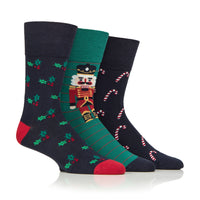 3 Pairs Men's Fun Feet Christmas Socks - Bamboo Holly/Nutcracker/Candy Canes